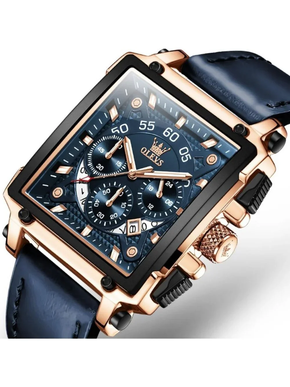 Men's Blue Quartz Leather Strap Waterproof Casual Trendy Square Dial Wristwatch